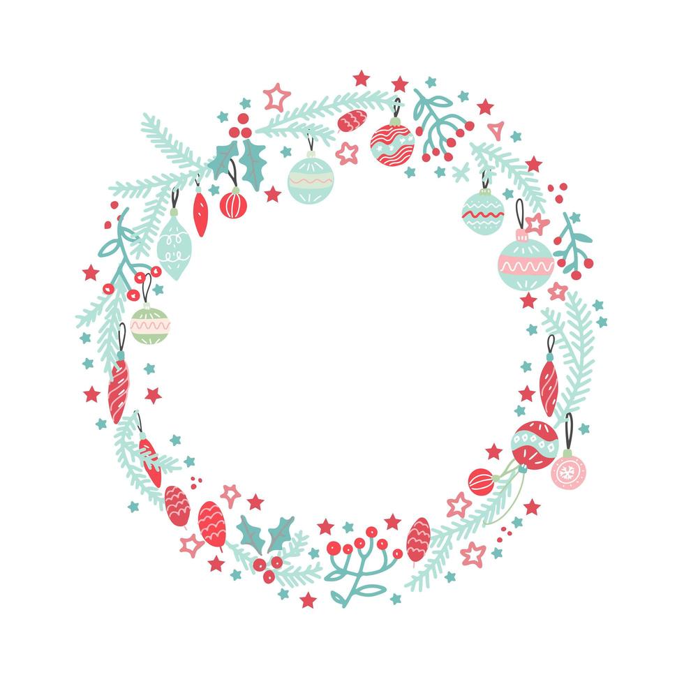 corona de navidad con bolas, bayas, ramas y copos de nieve sobre fondo blanco. perfecto para tarjetas de felicitación de vacaciones. ilustración dibujada a mano. vector