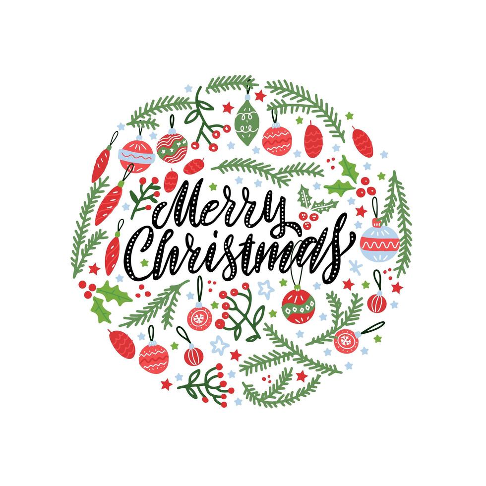 fondo de navidad de forma circular con ramas de pino y bolas de navidad. texto escrito a mano feliz navidad. tarjeta de felicitación dibujada a mano de vacaciones, pancarta, póster web vector