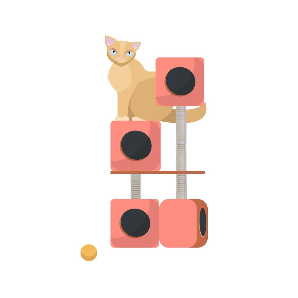 Cute funny long haired, beige cat playing on cat tree. Flat cartoon style vector character illustration on whita background.