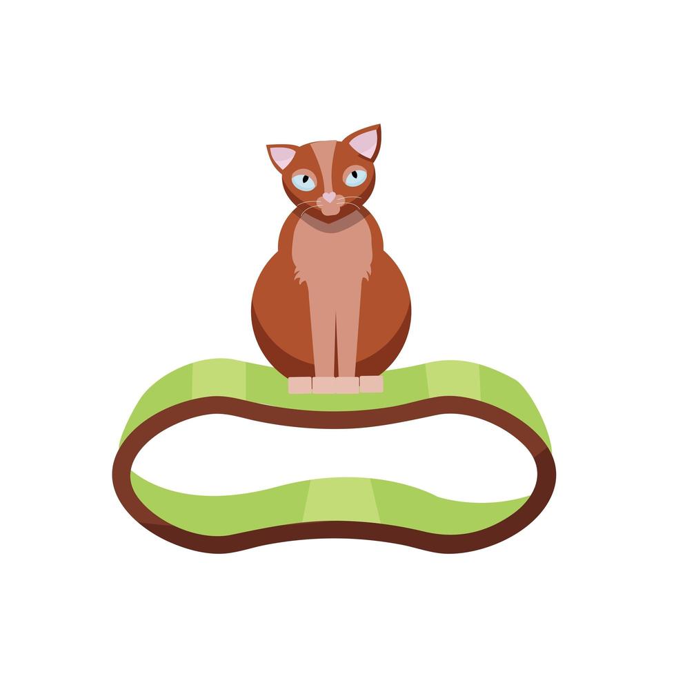 Funny brown cat sitting on scratchy stuff. Cat With accessory lounger, scratching Toy. Vector flat cartoon illustration.