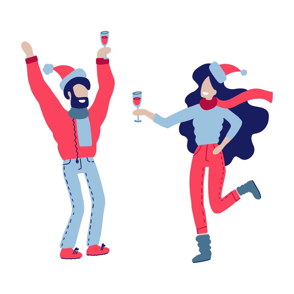 Man and woman celebrating at a Christmas party. Couple in outerwear, in santa hats and scarves with glasses celebrate holidays at a New Year outdoor party. Vector hand drawn illustration