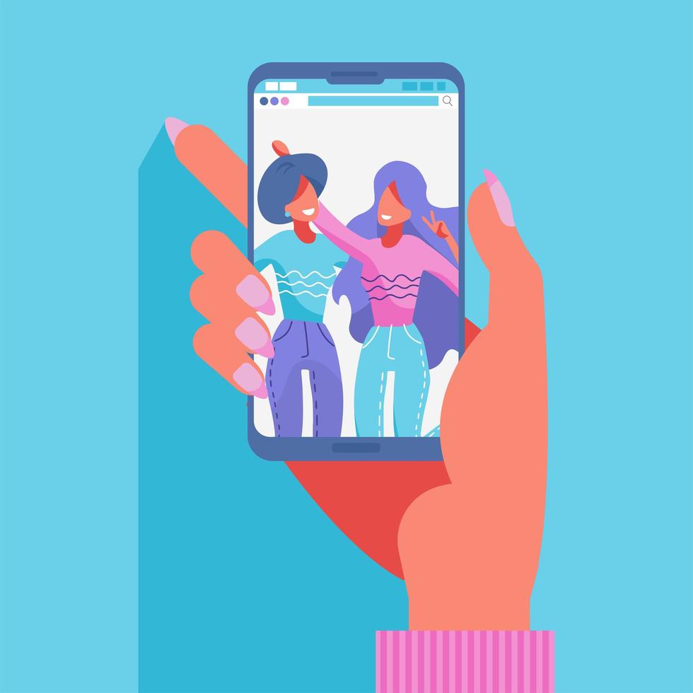 Group of two female friends taking a photo with a smartphone. Taking a selfie. Friendship concept. Vector flat hand drawn modern illustration. Happy friendship day poster