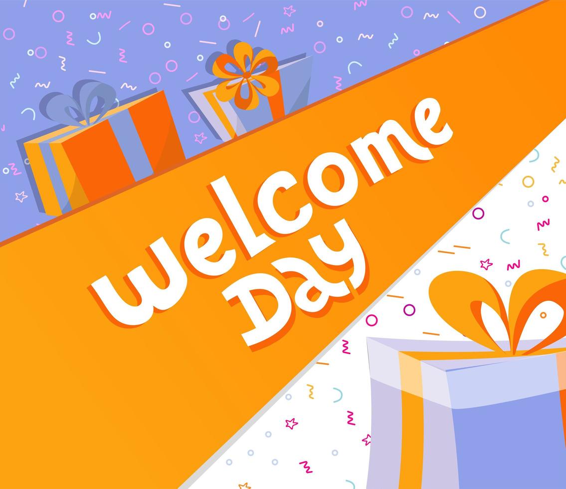 Welcome day lettering square banner with gift boxes. Black hand drawn Vector typography illustration. poster, banner, greeting template for special offer day