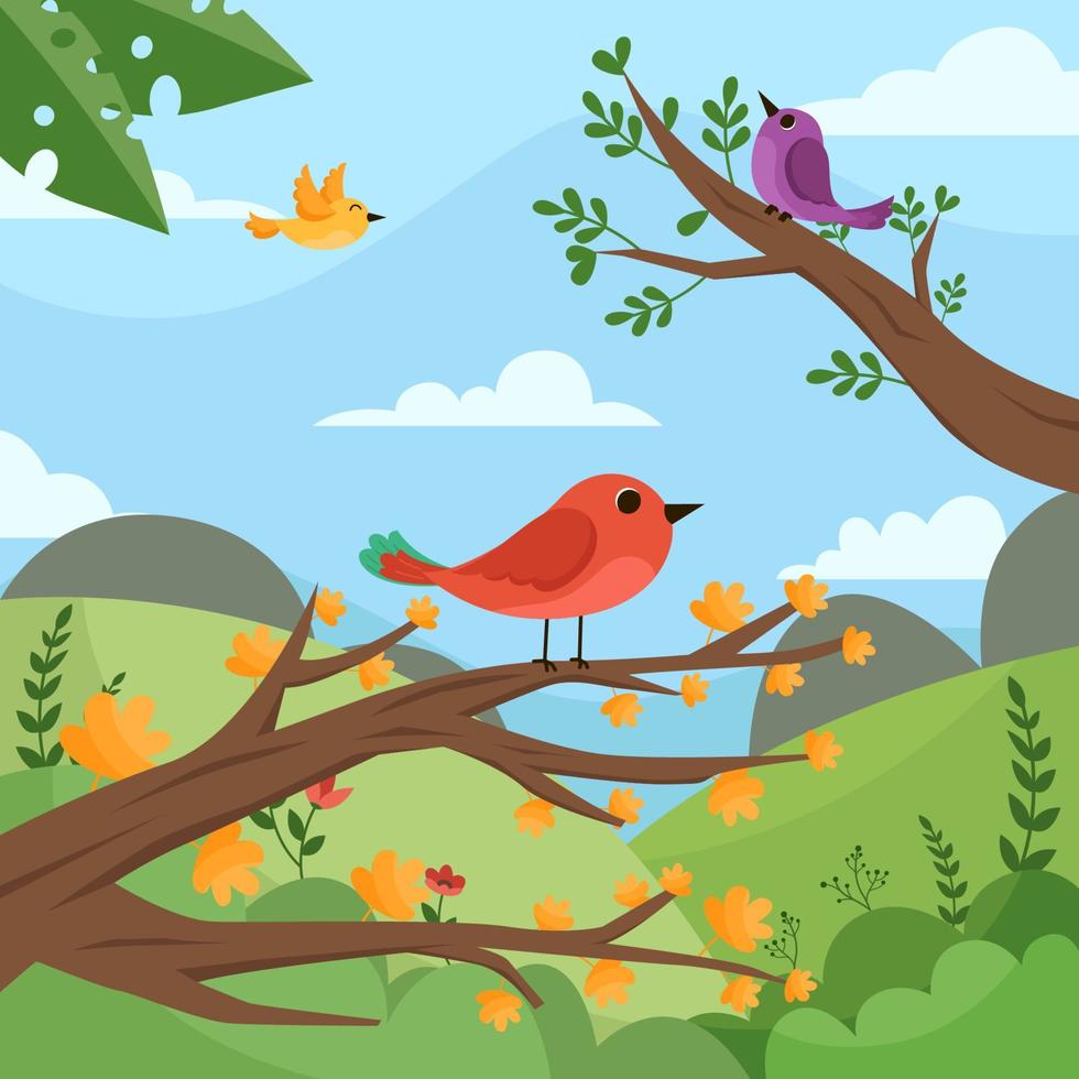 fondo de primavera con lindos pájaros vector