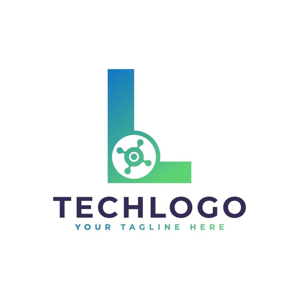 logotipo de la letra l de tecnología. forma geométrica verde con círculo de puntos conectado como vector de logotipo de red. utilizable para logotipos de negocios y tecnología.