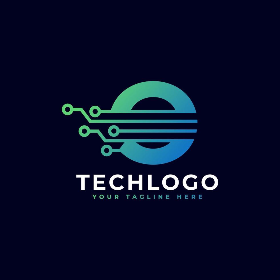 logotipo de la letra o de tecnología. plantilla de logotipo vectorial futurista con color degradado verde y azul. forma geometrica. utilizable para logotipos de negocios y tecnología. vector