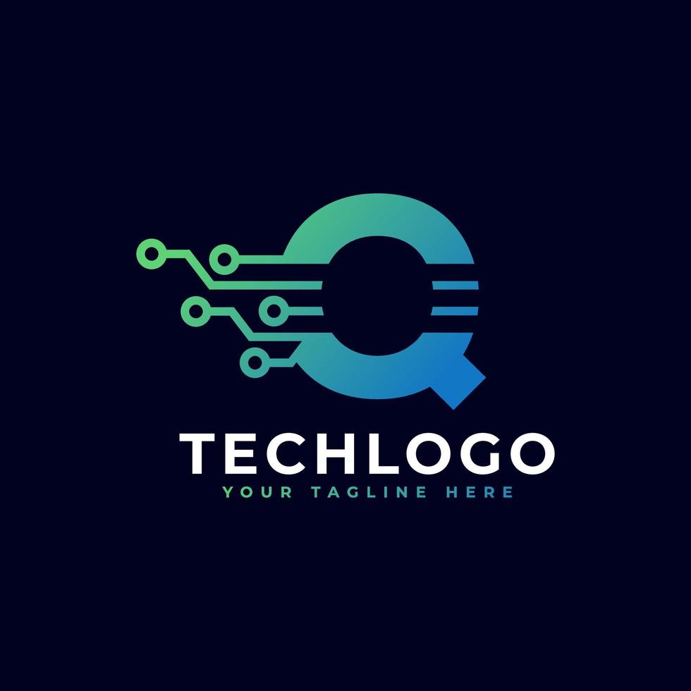 logotipo de la letra q de tecnología. plantilla de logotipo vectorial futurista con color degradado verde y azul. forma geometrica. utilizable para logotipos de negocios y tecnología. vector