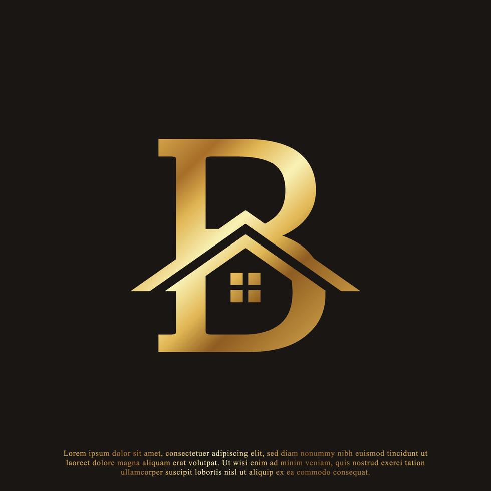 Initial Letter B Home House Golden Logo Design. Real Estate Logo Concept. Vector Illustration