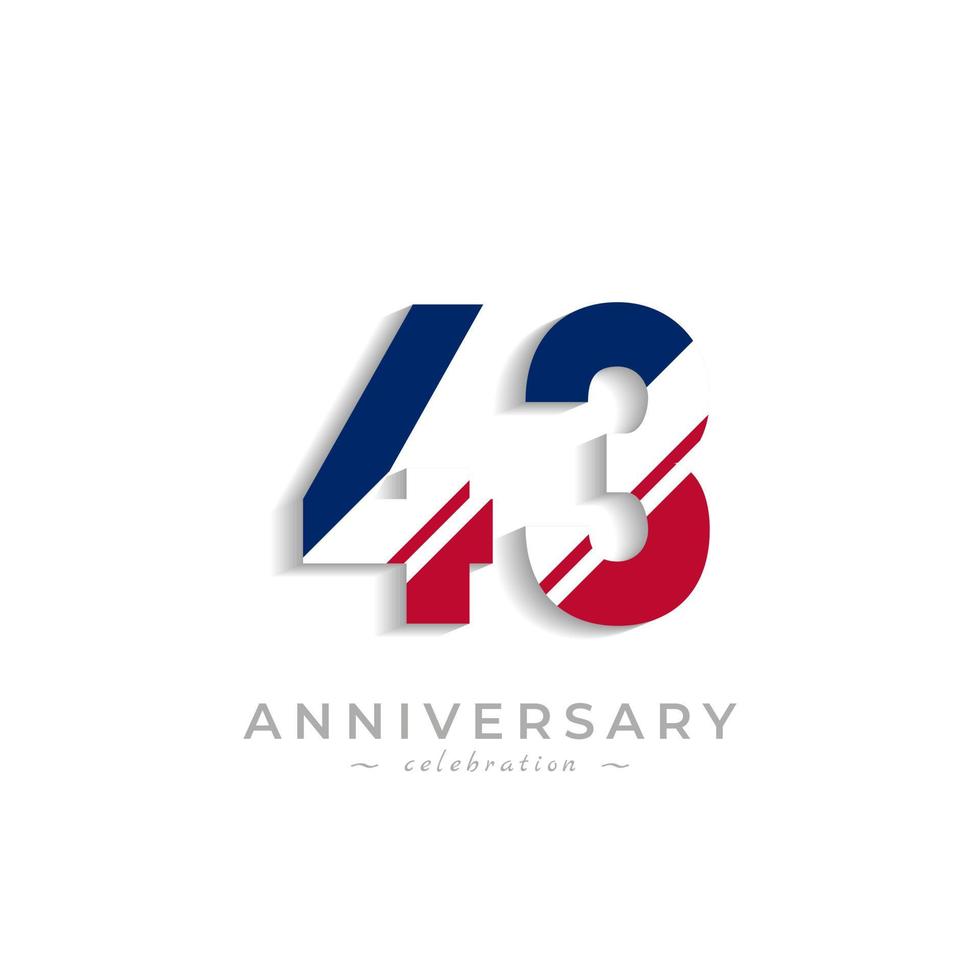 43 Year Anniversary Celebration with White Slash in Red and Blue American Flag Color. Happy Anniversary Greeting Celebrates Event Isolated on White Background vector