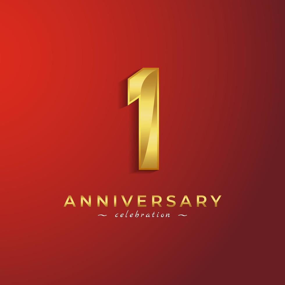 Celebración de aniversario de 1 año con color dorado brillante para eventos de celebración, bodas, tarjetas de felicitación y tarjetas de invitación aisladas en fondo rojo vector