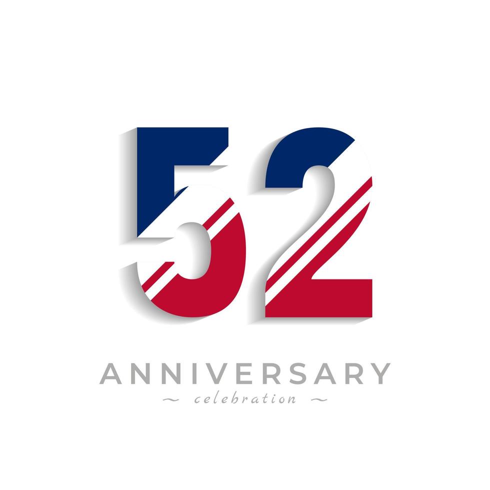 52 Year Anniversary Celebration with White Slash in Red and Blue American Flag Color. Happy Anniversary Greeting Celebrates Event Isolated on White Background vector