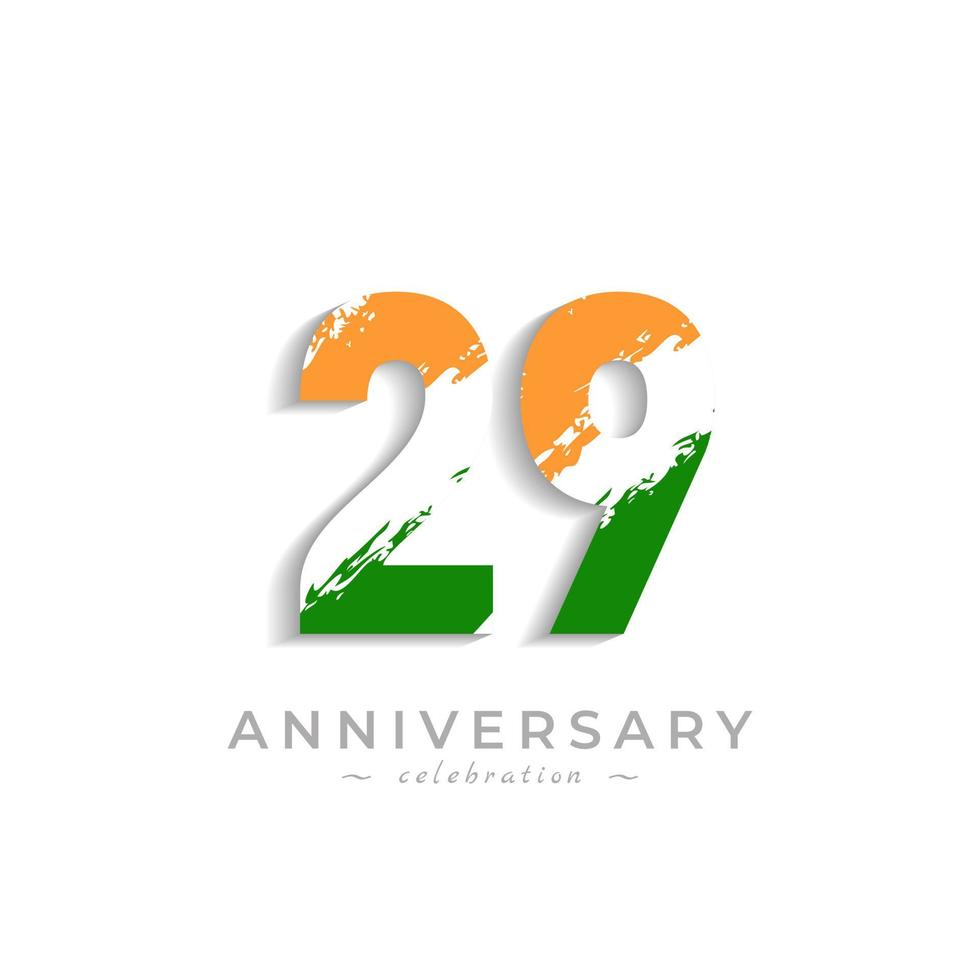 Celebración del aniversario de 29 años con barra blanca de pincel en azafrán amarillo y color verde de la bandera india. saludo de feliz aniversario celebra evento aislado sobre fondo blanco vector