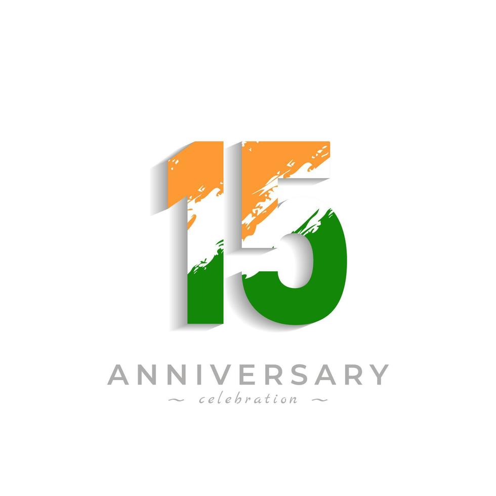 15 Year Anniversary Celebration with Brush White Slash in Yellow Saffron and Green Indian Flag Color. Happy Anniversary Greeting Celebrates Event Isolated on White Background vector