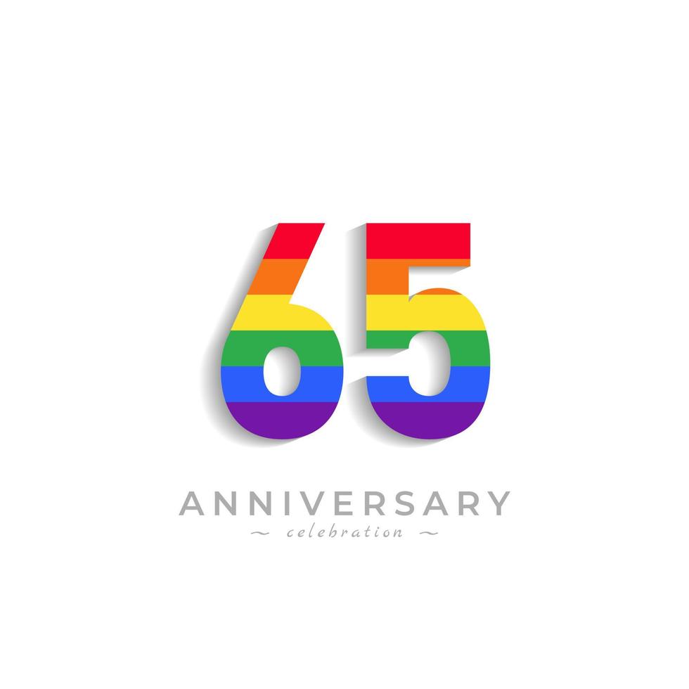 Celebración del aniversario de 65 años con el color del arco iris para el evento de celebración, la boda, la tarjeta de felicitación y la invitación aislada en el fondo blanco vector