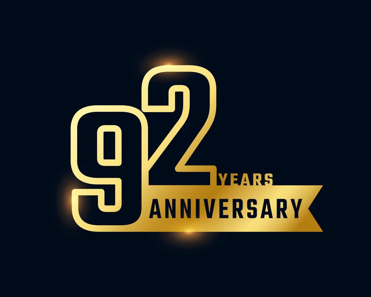 92 Year Anniversary Celebration with Shiny Outline Number Golden Color for Celebration Event, Wedding, Greeting card, and Invitation Isolated on Dark Background vector
