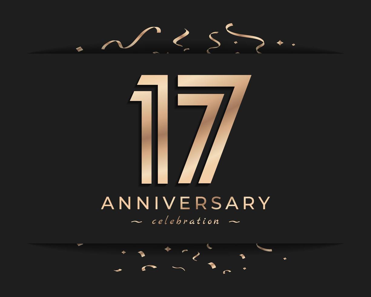 17 Year Anniversary Celebration Logotype Style Design. Happy Anniversary Greeting Celebrates Event with Golden Multiple Line and Confetti Isolated on Dark Background Design Illustration vector