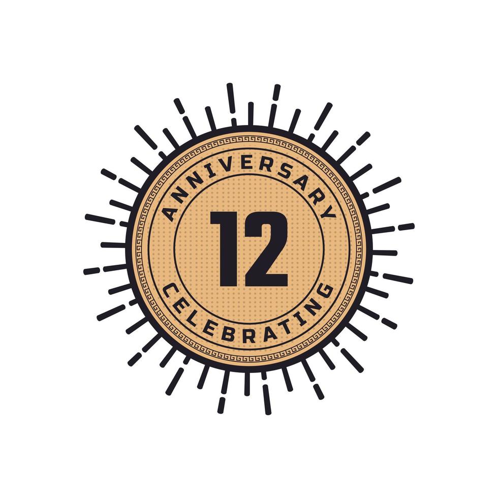 Vintage Retro 12 Year Anniversary Celebration with Firework Color. Happy Anniversary Greeting Celebrates Event Isolated on White Background vector