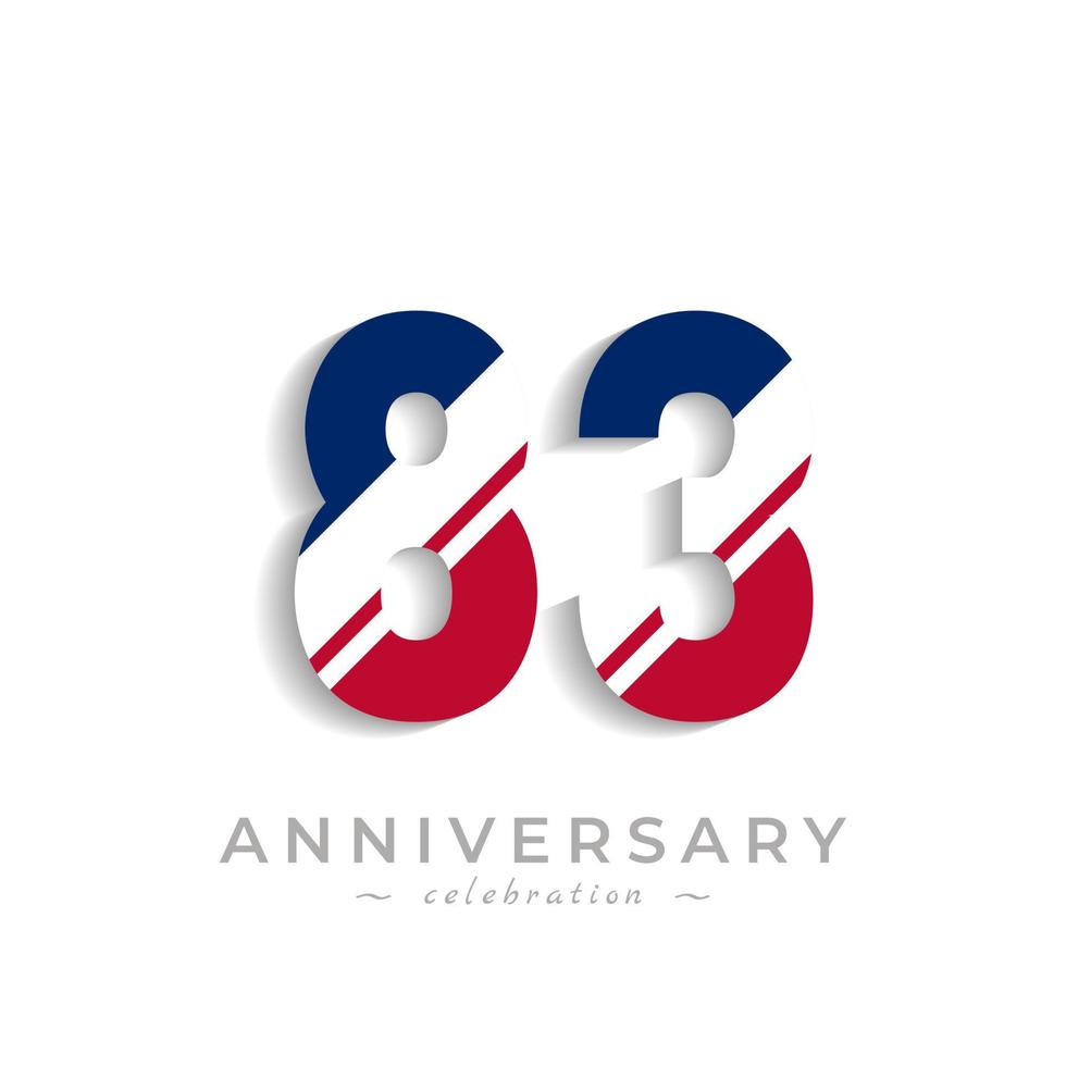 83 Year Anniversary Celebration with White Slash in Red and Blue American Flag Color. Happy Anniversary Greeting Celebrates Event Isolated on White Background vector