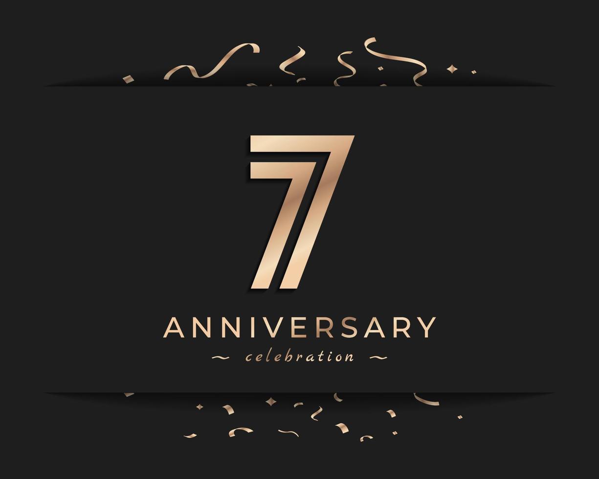 Diseño de estilo de logotipo de celebración de aniversario de 7 años. el saludo de feliz aniversario celebra el evento con múltiples líneas doradas y confeti aislado en la ilustración de diseño de fondo oscuro vector