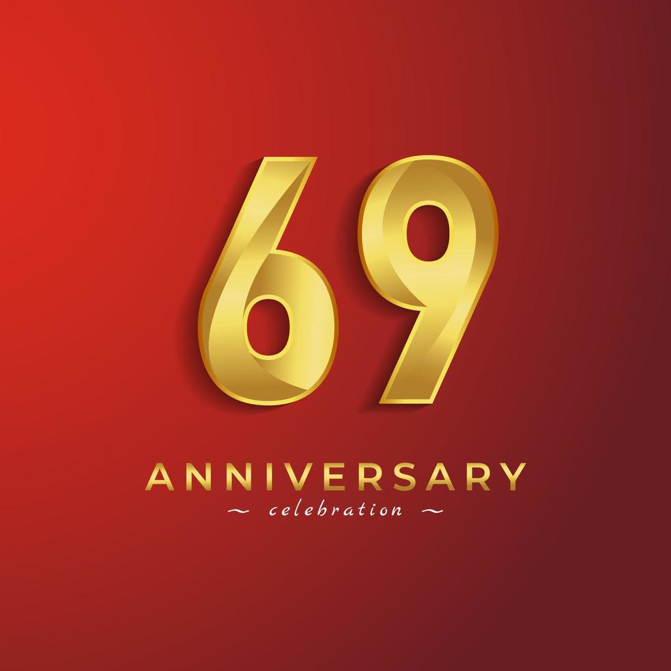 Celebración del aniversario de 69 años con color dorado brillante para eventos de celebración, bodas, tarjetas de felicitación y tarjetas de invitación aisladas en fondo rojo vector