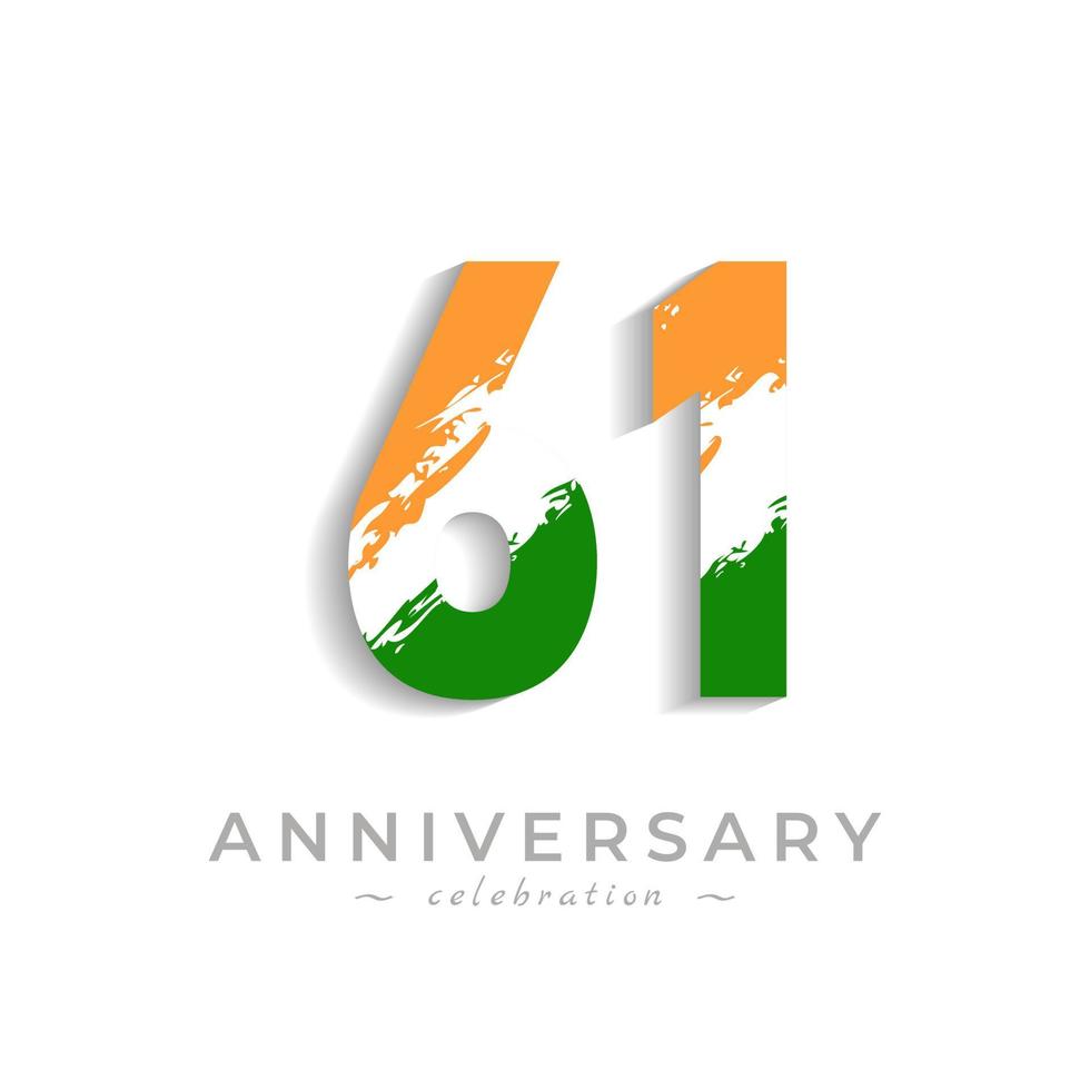 Celebración del aniversario de 61 años con barra blanca de pincel en azafrán amarillo y color verde de la bandera india. saludo de feliz aniversario celebra evento aislado sobre fondo blanco vector