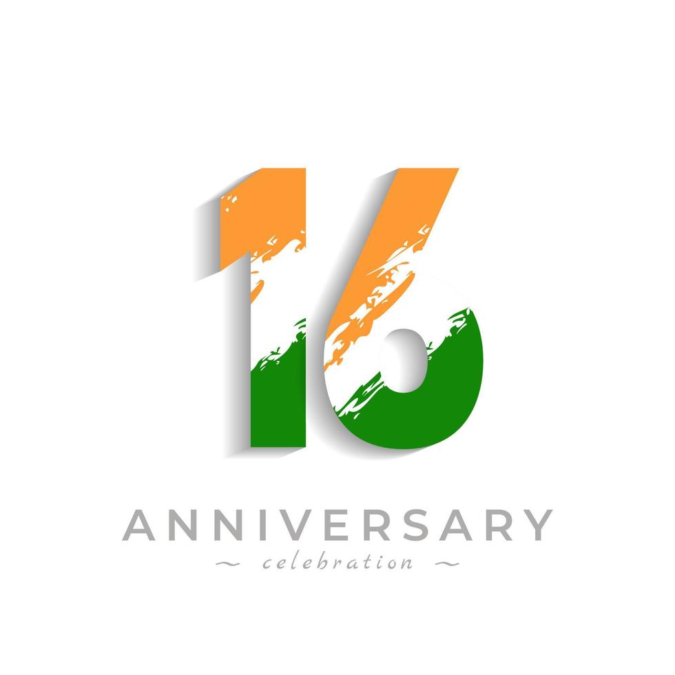 Celebración del aniversario de 16 años con barra blanca de pincel en azafrán amarillo y color verde de la bandera india. saludo de feliz aniversario celebra evento aislado sobre fondo blanco vector