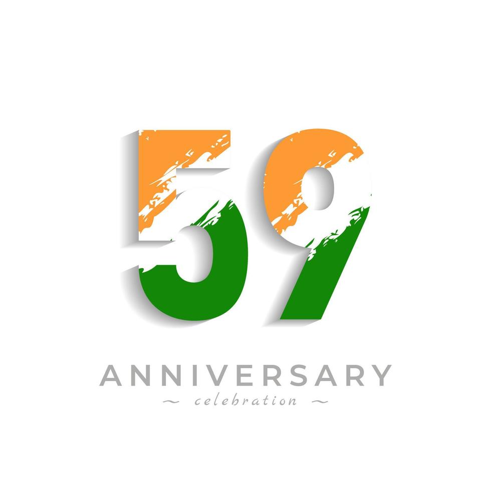 Celebración del aniversario de 59 años con barra blanca de pincel en azafrán amarillo y color verde de la bandera india. saludo de feliz aniversario celebra evento aislado sobre fondo blanco vector