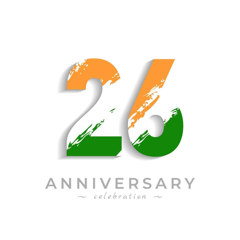 Celebración del aniversario de 26 años con barra blanca de pincel en azafrán amarillo y color verde de la bandera india. saludo de feliz aniversario celebra evento aislado sobre fondo blanco vector