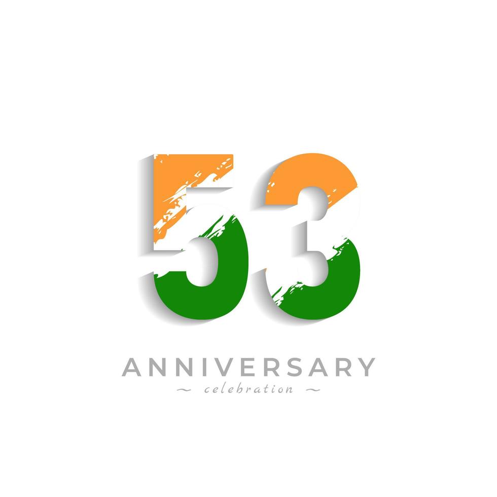 Celebración del aniversario de 53 años con barra blanca de pincel en azafrán amarillo y color verde de la bandera india. saludo de feliz aniversario celebra evento aislado sobre fondo blanco vector