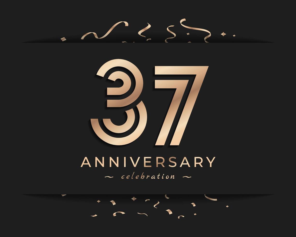 37 Year Anniversary Celebration Logotype Style Design. Happy Anniversary Greeting Celebrates Event with Golden Multiple Line and Confetti Isolated on Dark Background Design Illustration vector