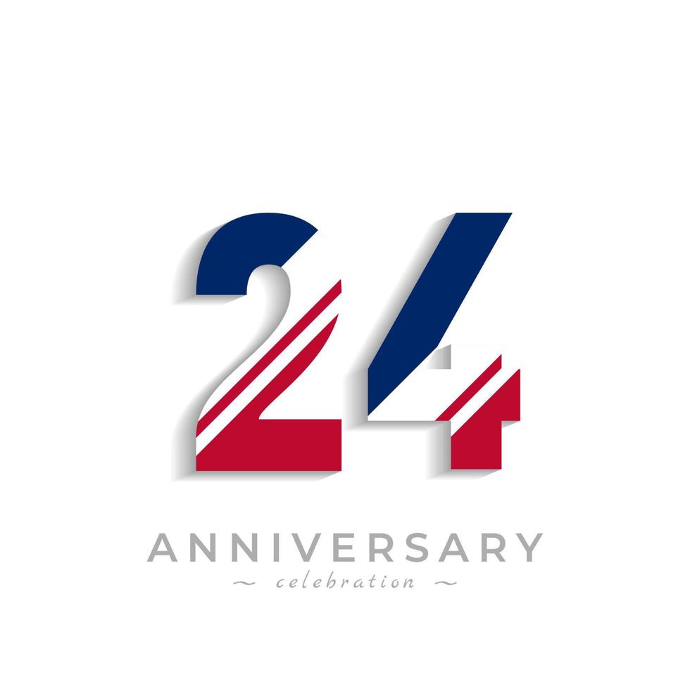 24 Year Anniversary Celebration with White Slash in Red and Blue American Flag Color. Happy Anniversary Greeting Celebrates Event Isolated on White Background vector