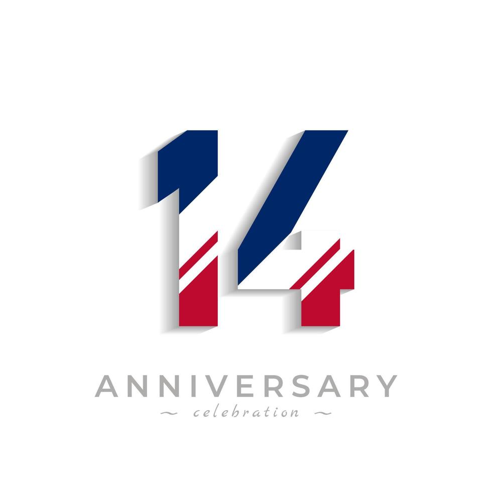 14 Year Anniversary Celebration with White Slash in Red and Blue American Flag Color. Happy Anniversary Greeting Celebrates Event Isolated on White Background vector
