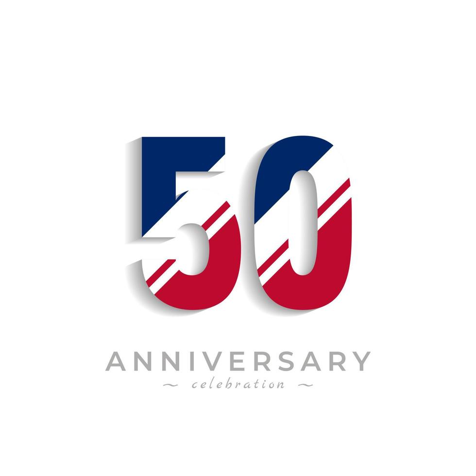 50 Year Anniversary Celebration with White Slash in Red and Blue American Flag Color. Happy Anniversary Greeting Celebrates Event Isolated on White Background vector