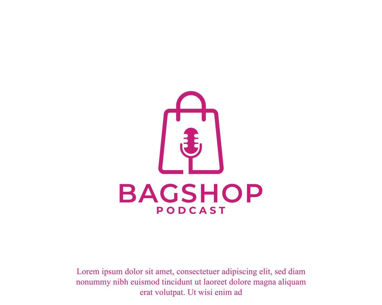 diseño de logotipo de bolsa de compras combinado con micrófono de podcast. adecuado para la industria de los podcasts vector