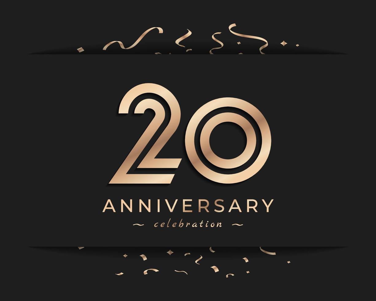 Diseño de estilo de logotipo de celebración de aniversario de 20 años. el saludo de feliz aniversario celebra el evento con múltiples líneas doradas y confeti aislado en la ilustración de diseño de fondo oscuro vector