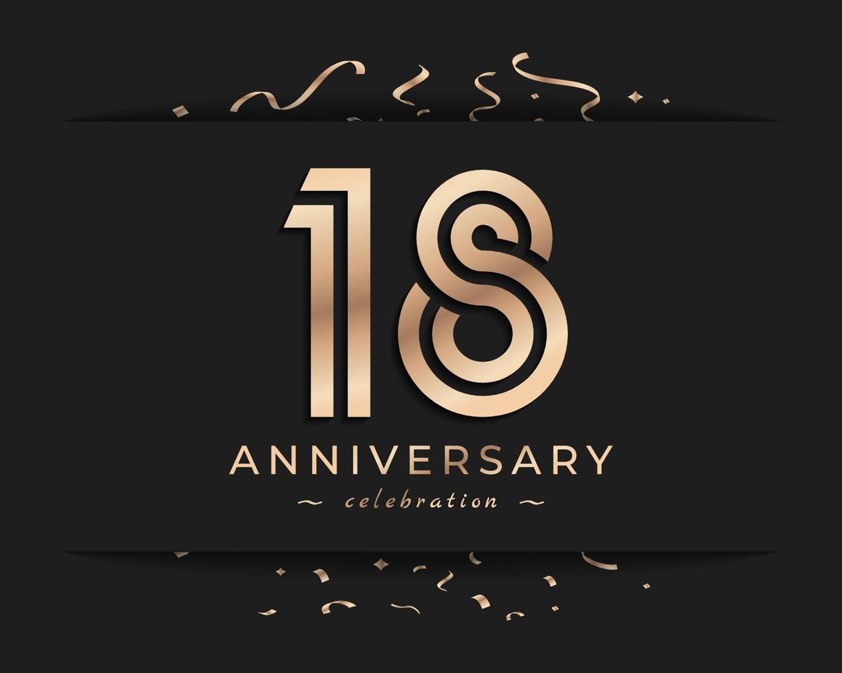 Diseño de estilo de logotipo de celebración de aniversario de 18 años. el saludo de feliz aniversario celebra el evento con múltiples líneas doradas y confeti aislado en la ilustración de diseño de fondo oscuro vector