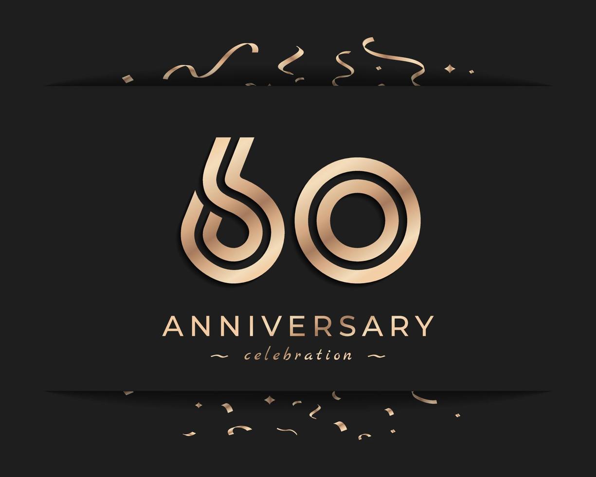 60 Year Anniversary Celebration Logotype Style Design. Happy Anniversary Greeting Celebrates Event with Golden Multiple Line and Confetti Isolated on Dark Background Design Illustration vector