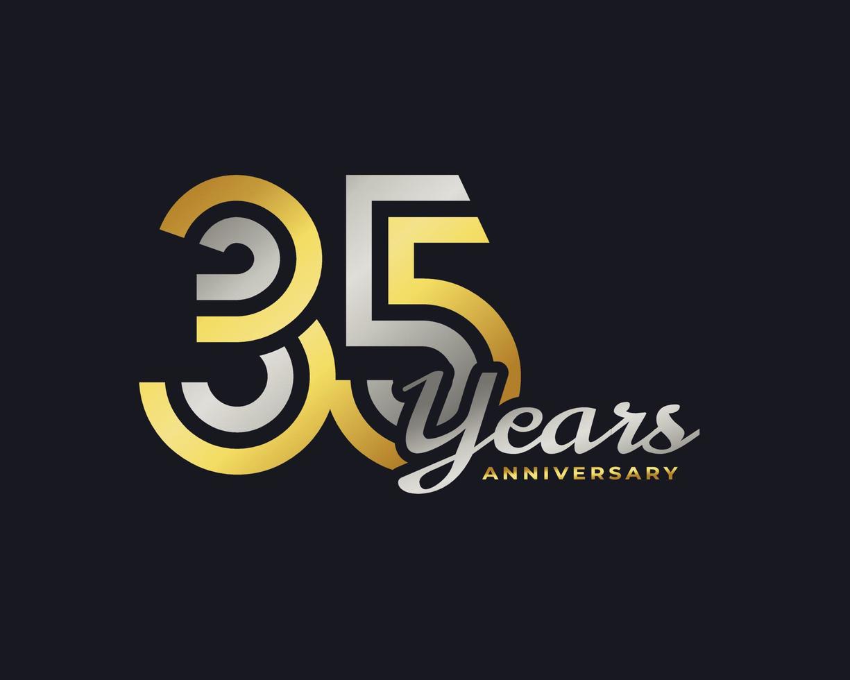 35 Year Anniversary Celebration with Handwriting Silver and Gold Color for Celebration Event, Wedding, Greeting card, and Invitation Isolated on Dark Background vector