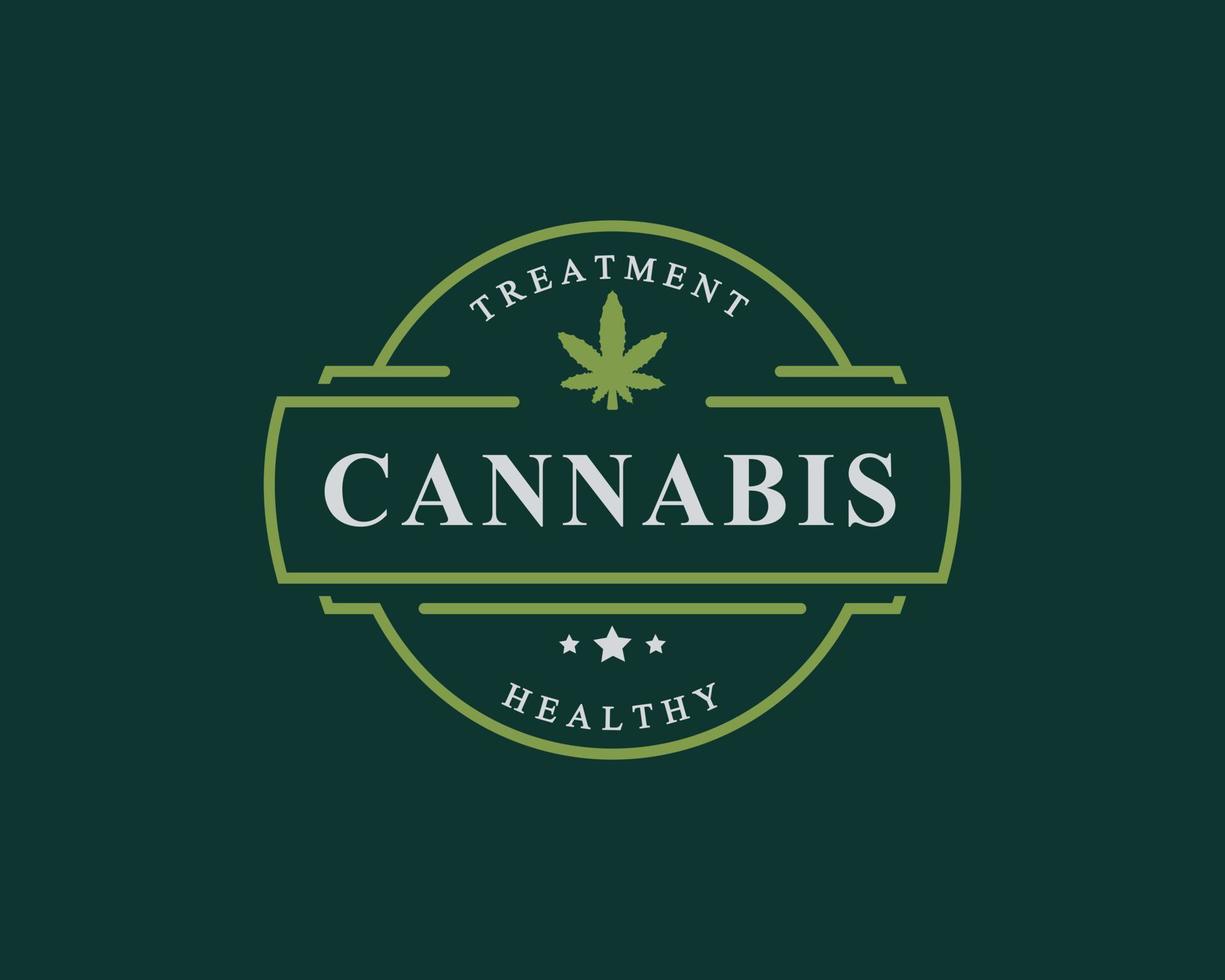 insignia retro vintage para marihuana hoja de marihuana cannabis cáñamo thc cbd salud y terapia médica logo emblema diseño símbolo vector