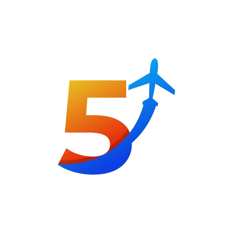 Number 5 Travel with Airplane Flight Logo Design Template Element vector