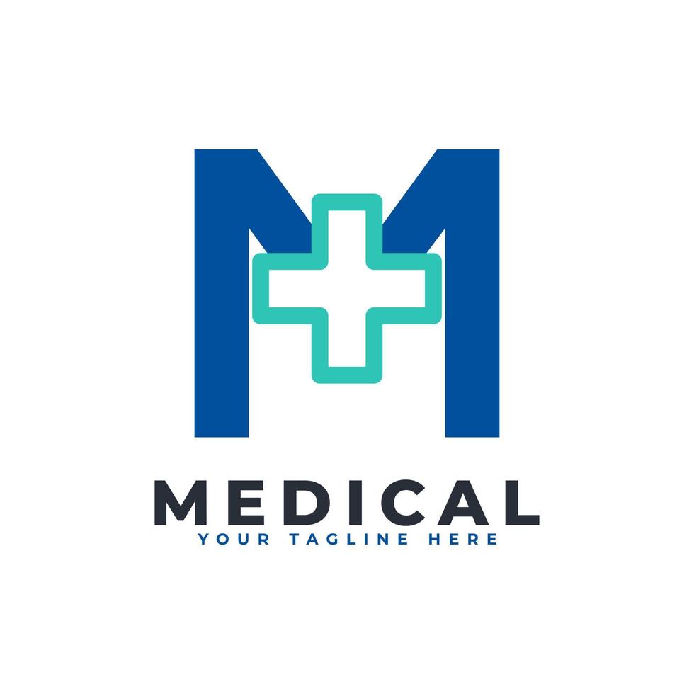 Letter M cross plus logo. Usable for Business, Science, Healthcare, Medical, Hospital and Nature Logos. vector