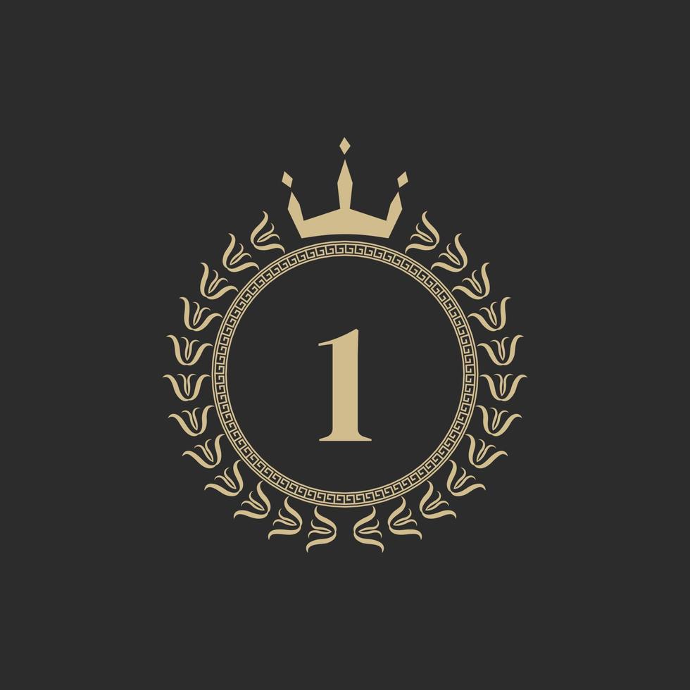 Number 1 Heraldic Royal Frame with Crown and Laurel Wreath. Simple Classic Emblem. Round Composition. Graphics Style. Art Elements for Logo Design Vector Illustration