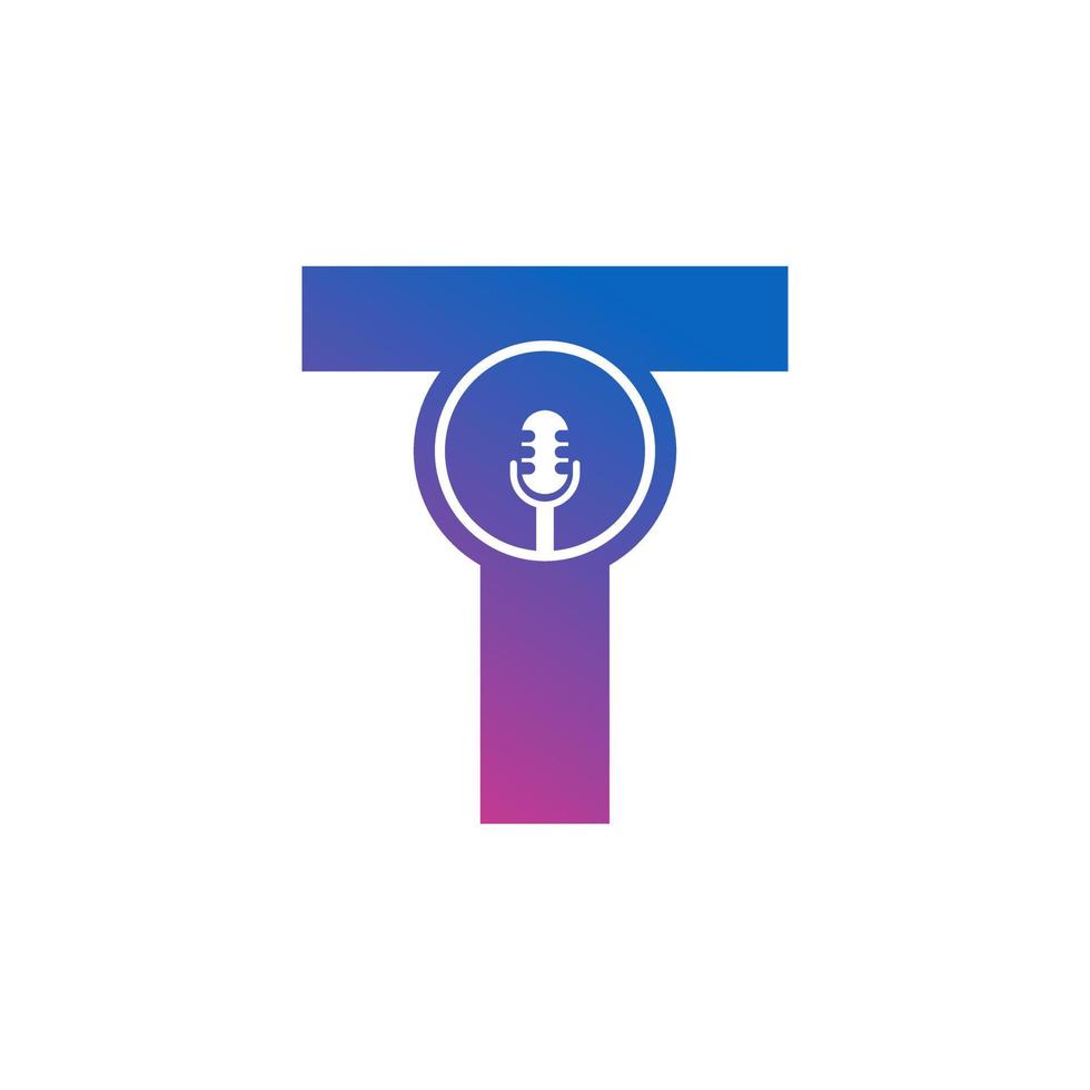 logotipo de grabación de podcast de la letra t. alfabeto con ilustración de vector de icono de micrófono