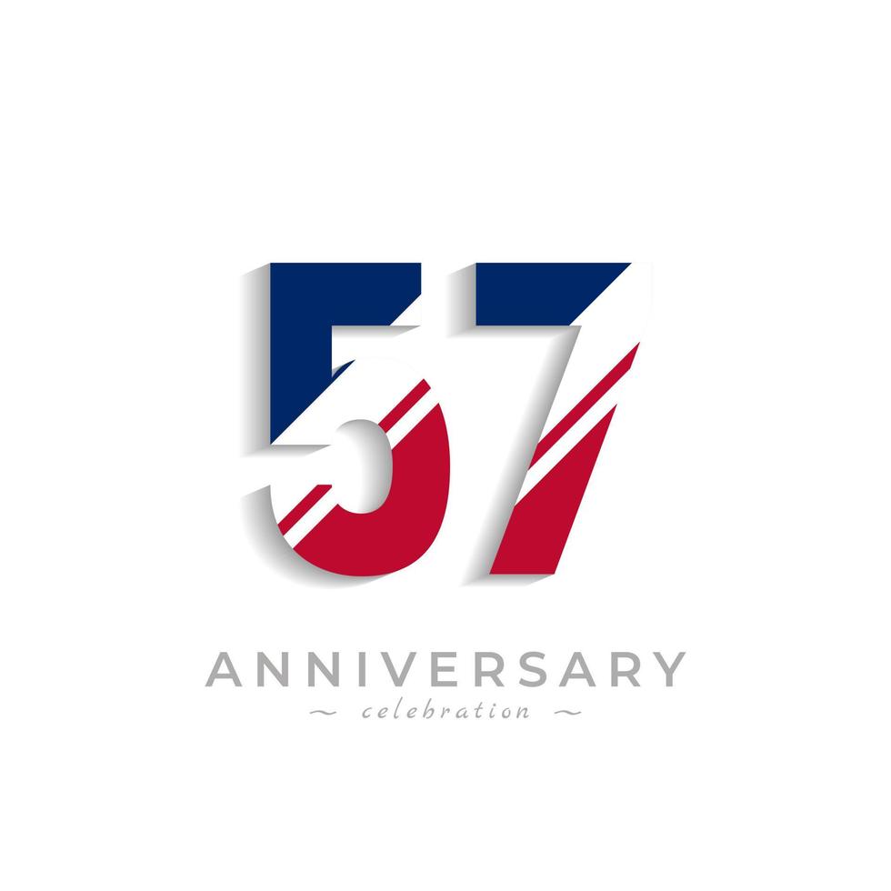 57 Year Anniversary Celebration with White Slash in Red and Blue American Flag Color. Happy Anniversary Greeting Celebrates Event Isolated on White Background vector