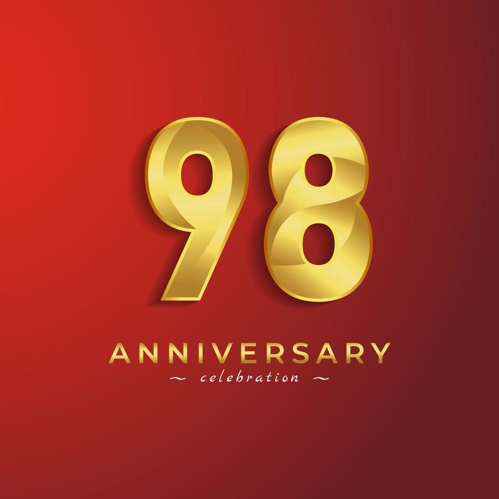 Celebración del aniversario de 98 años con color dorado brillante para eventos de celebración, bodas, tarjetas de felicitación y tarjetas de invitación aisladas en fondo rojo vector