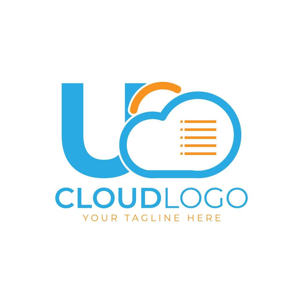 logotipo de tecnología en la nube. letra inicial u con nube y documento para el concepto de tecnología. señal meteorológica de software de datos vector
