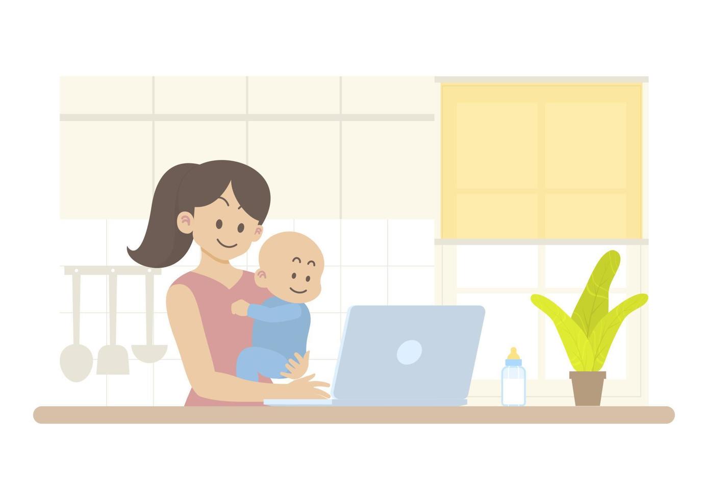 Happy mother baby working in kitchen vector