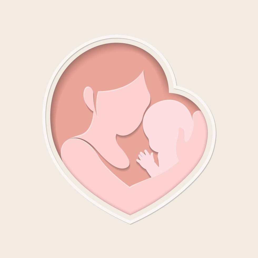 Mother holding her little baby in heart shaped paper art vector