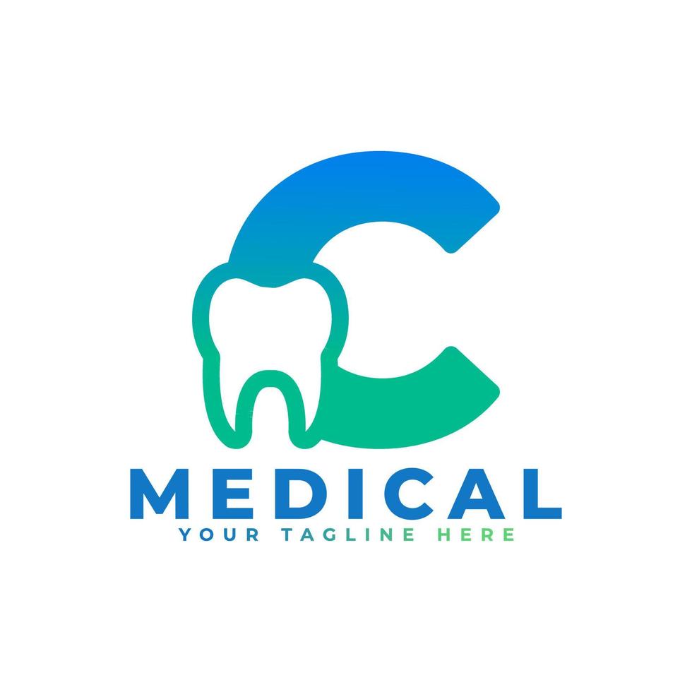 Dental Clinic Logo. Blue Shape Initial Letter C Linked with Tooth Symbol inside. Usable for Dentist, Dental Care and Medical Logos. Flat Vector Logo Design Ideas Template Element.