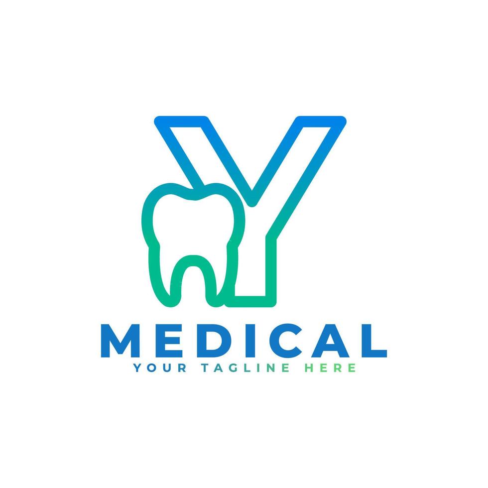 Dental Clinic Logo. Blue Linear Shape Letter Y Linked with Tooth Symbol